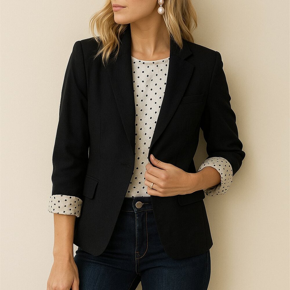 Ann Taylor Women's Black Single Button Blazer Dot Lining 3/4 Sleeve Medium 8-10